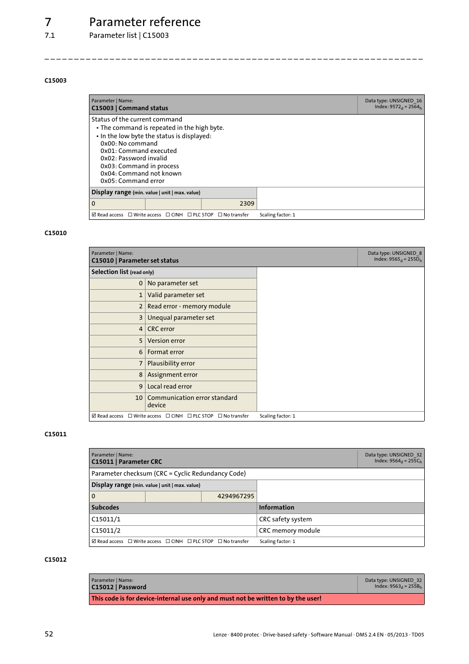 C15003 | command status, C15010 | parameter set status, C15011 | parameter crc | 7parameter reference | Lenze E84Dxxxxx User Manual | Page 52 / 70