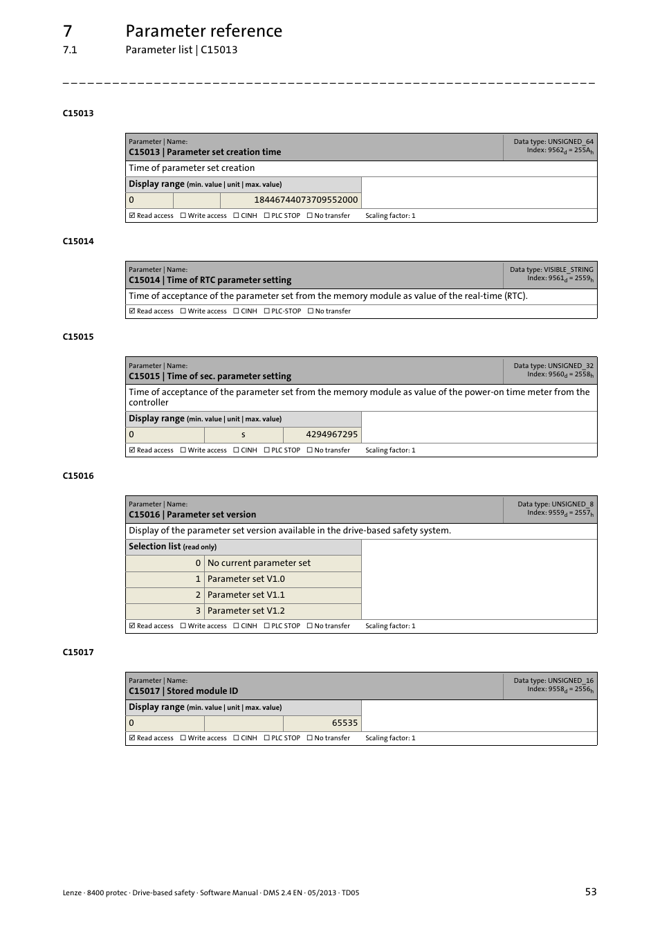 C15013 | parameter set creation time, C15014 | time of rtc parameter setting, C15015 | time of sec. parameter setting | C15016 | parameter set version, C15017 | stored module id, C15016, 7parameter reference | Lenze E84Dxxxxx User Manual | Page 53 / 70
