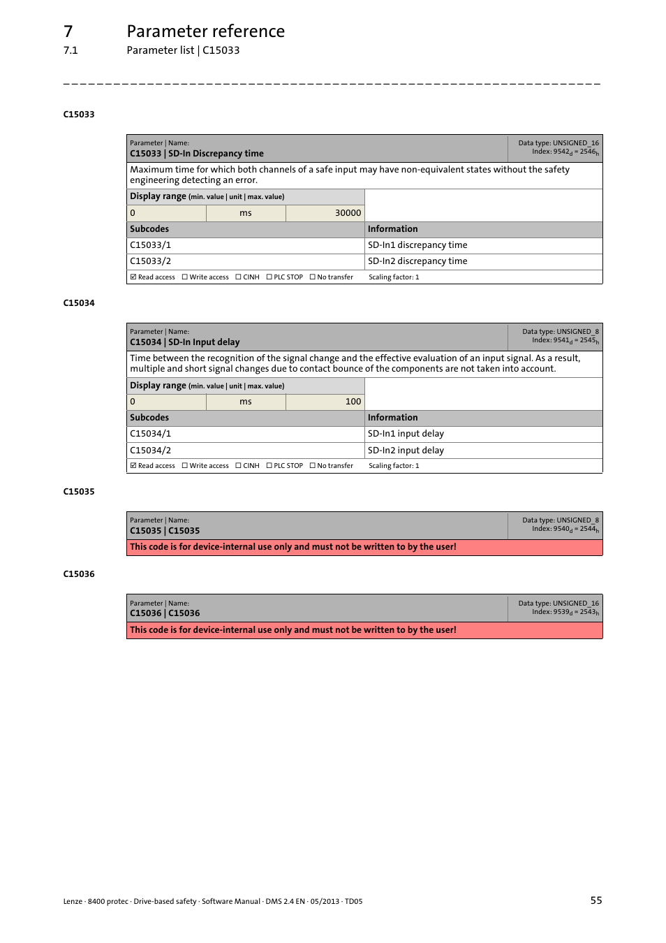 C15033 | sd-in discrepancy time, C15034 | sd-in input delay, C15033/1 | C15034/1, 7parameter reference | Lenze E84Dxxxxx User Manual | Page 55 / 70