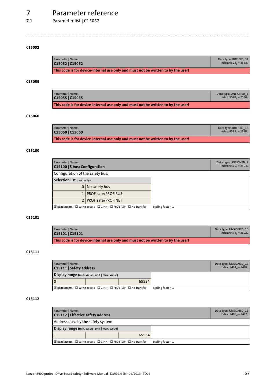 C15100 | s bus: configuration, C15111 | safety address, C15112 | effective safety address | C15111, C15112, C15100, 7parameter reference | Lenze E84Dxxxxx User Manual | Page 57 / 70