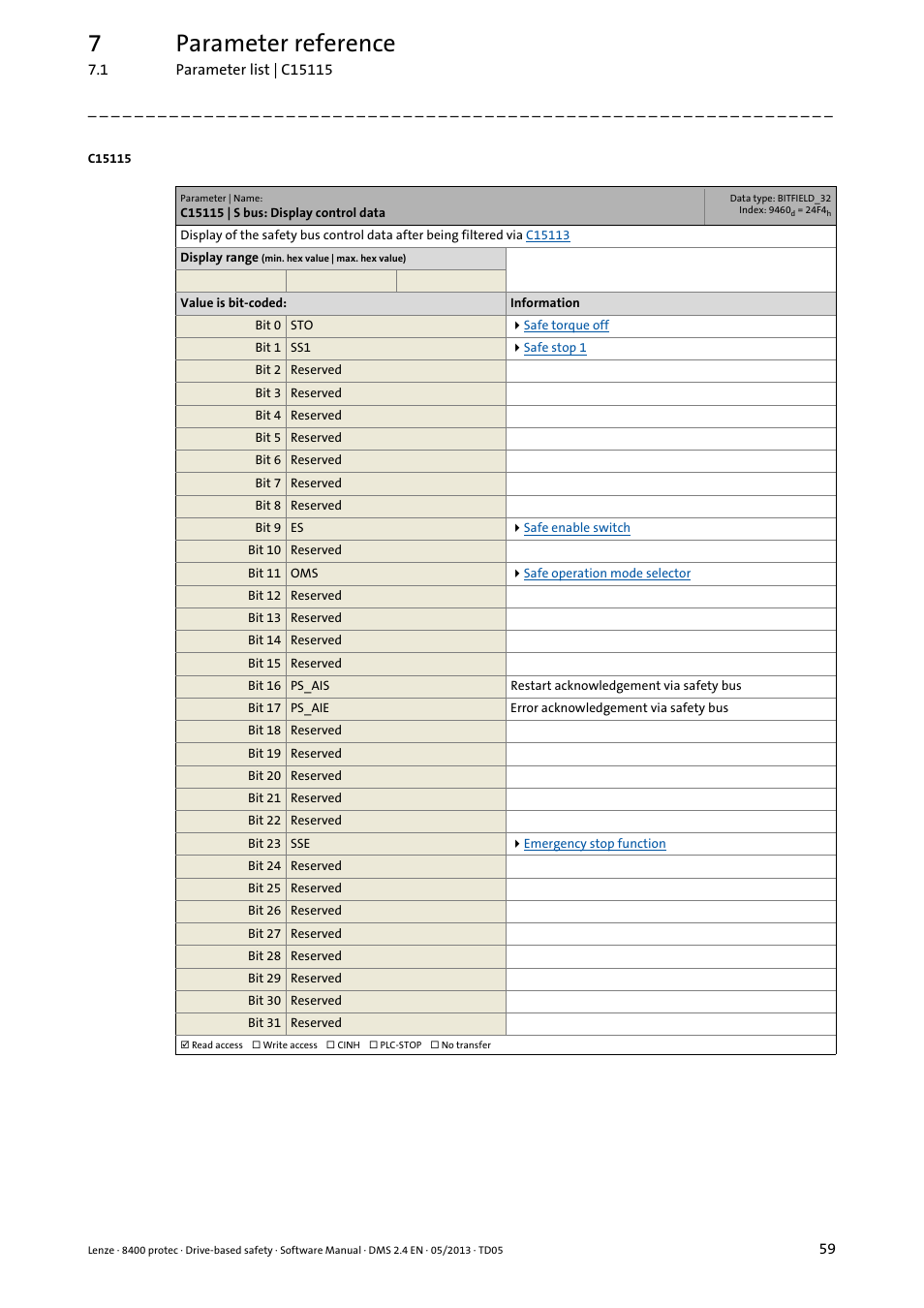 C15115 | s bus: display control data, C15115, 7parameter reference | Lenze E84Dxxxxx User Manual | Page 59 / 70