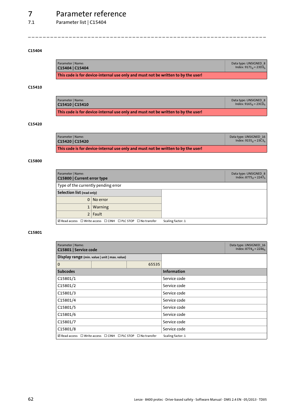 C15800 | current error type, C15801 | service code, 7parameter reference | Lenze E84Dxxxxx User Manual | Page 62 / 70