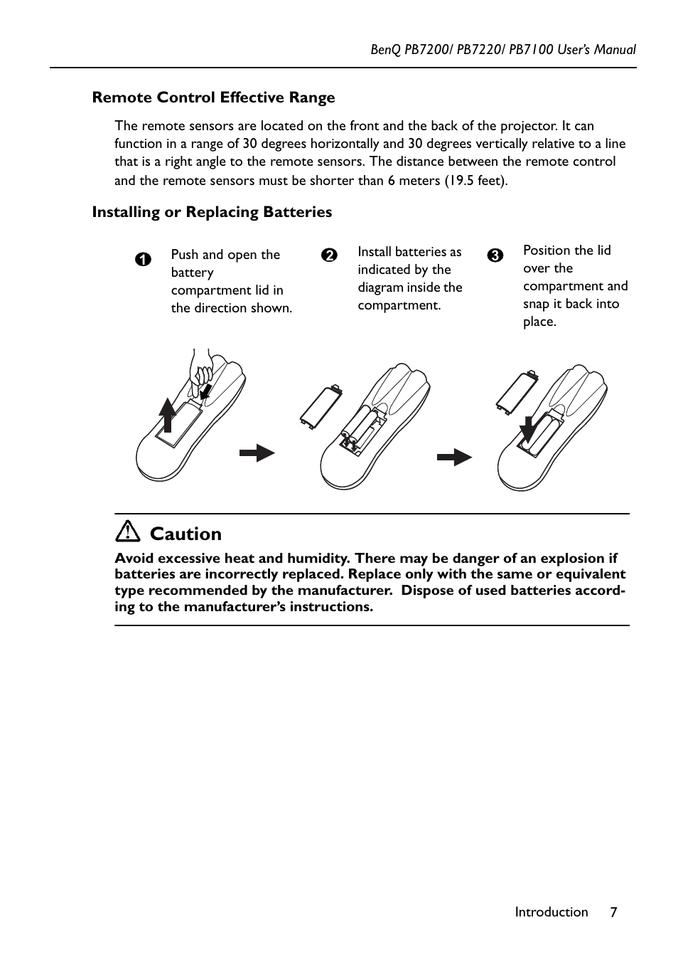 Remote control effective range, Installing or replacing batteries, Caution | BenQ PB7200 User Manual | Page 11 / 38