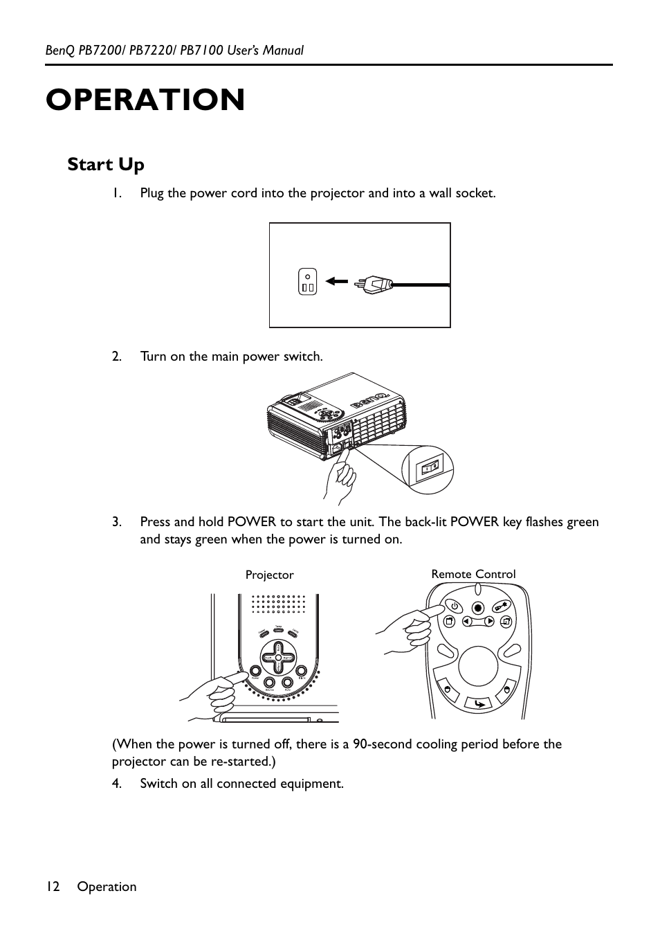 Operation, Start up | BenQ PB7200 User Manual | Page 16 / 38