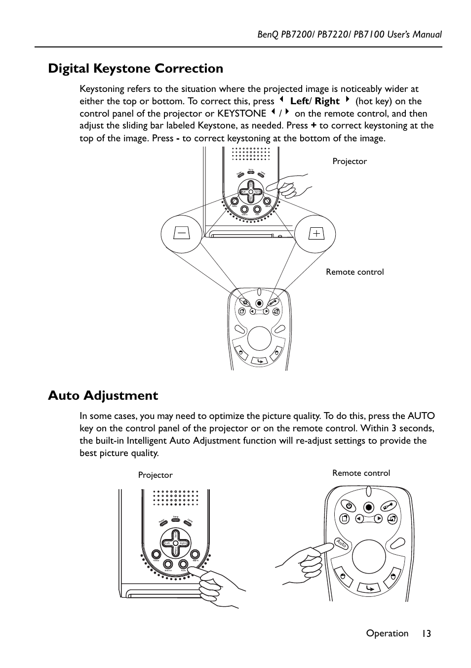 Digital keystone correction, Auto adjustment | BenQ PB7200 User Manual | Page 17 / 38