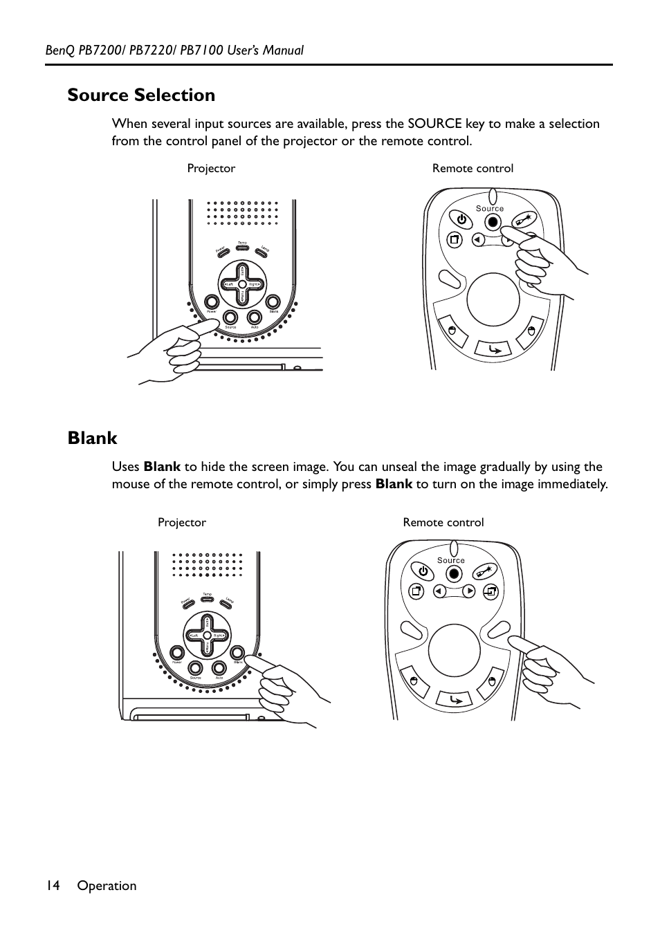Source selection, Blank | BenQ PB7200 User Manual | Page 18 / 38