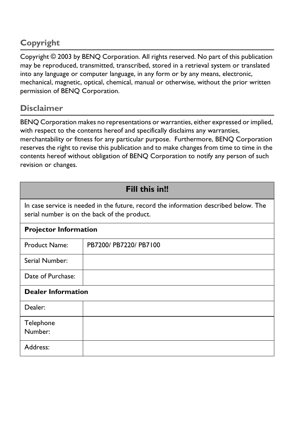 Copyright, Disclaimer, Fill this in | BenQ PB7200 User Manual | Page 2 / 38