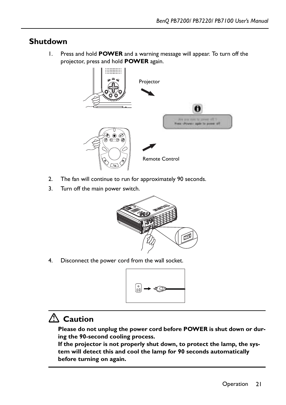Shutdown, Caution | BenQ PB7200 User Manual | Page 25 / 38