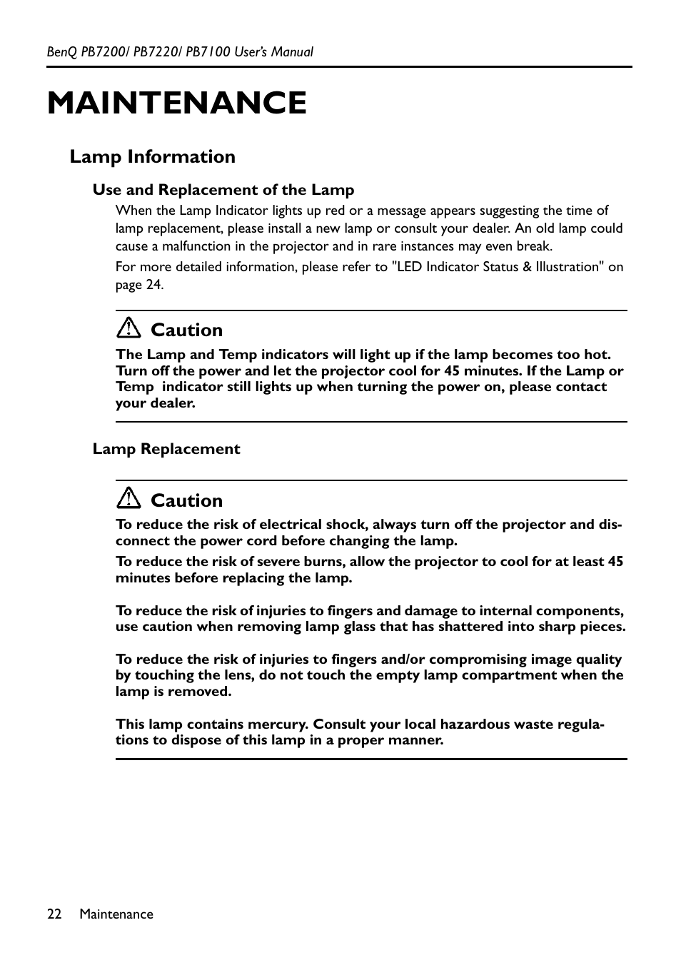 Maintenance, Lamp information, Use and replacement of the lamp | Lamp replacement, Use and replacement of the lamp lamp replacement, Caution | BenQ PB7200 User Manual | Page 26 / 38