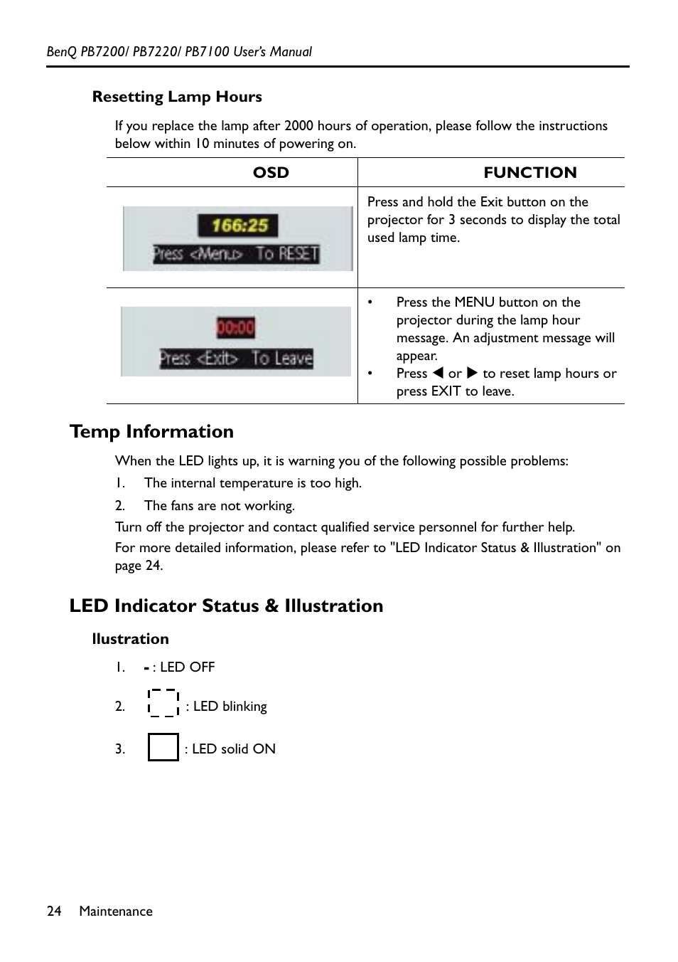 Resetting lamp hours, Temp information, Led indicator status & illustration | Llustration | BenQ PB7200 User Manual | Page 28 / 38