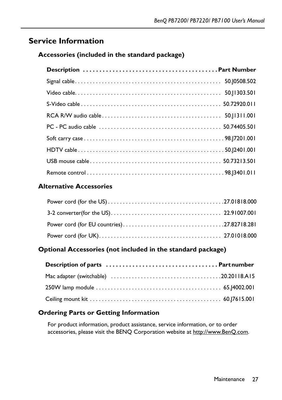 Service information, Accessories (included in the standard package), Alternative accessories | Ordering parts or getting information | BenQ PB7200 User Manual | Page 31 / 38