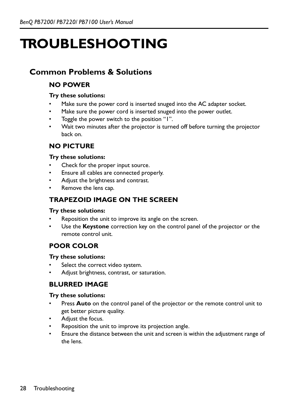 Troubleshooting, Common problems & solutions | BenQ PB7200 User Manual | Page 32 / 38