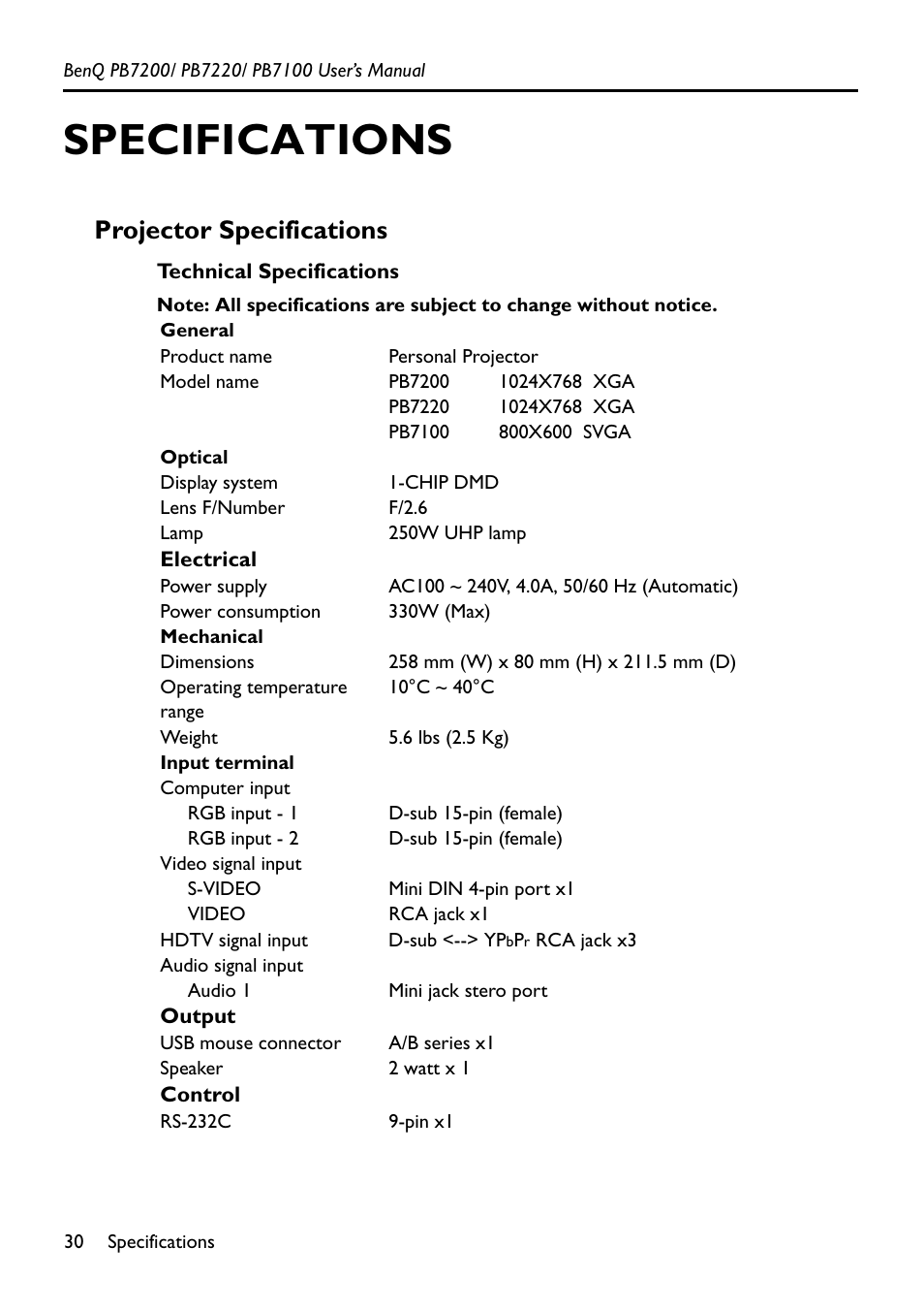 Specifications, Projector specifications | BenQ PB7200 User Manual | Page 34 / 38