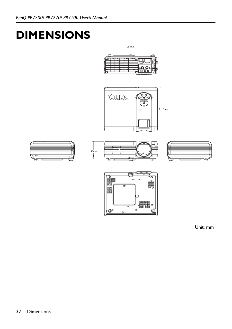 Dimensions | BenQ PB7200 User Manual | Page 36 / 38