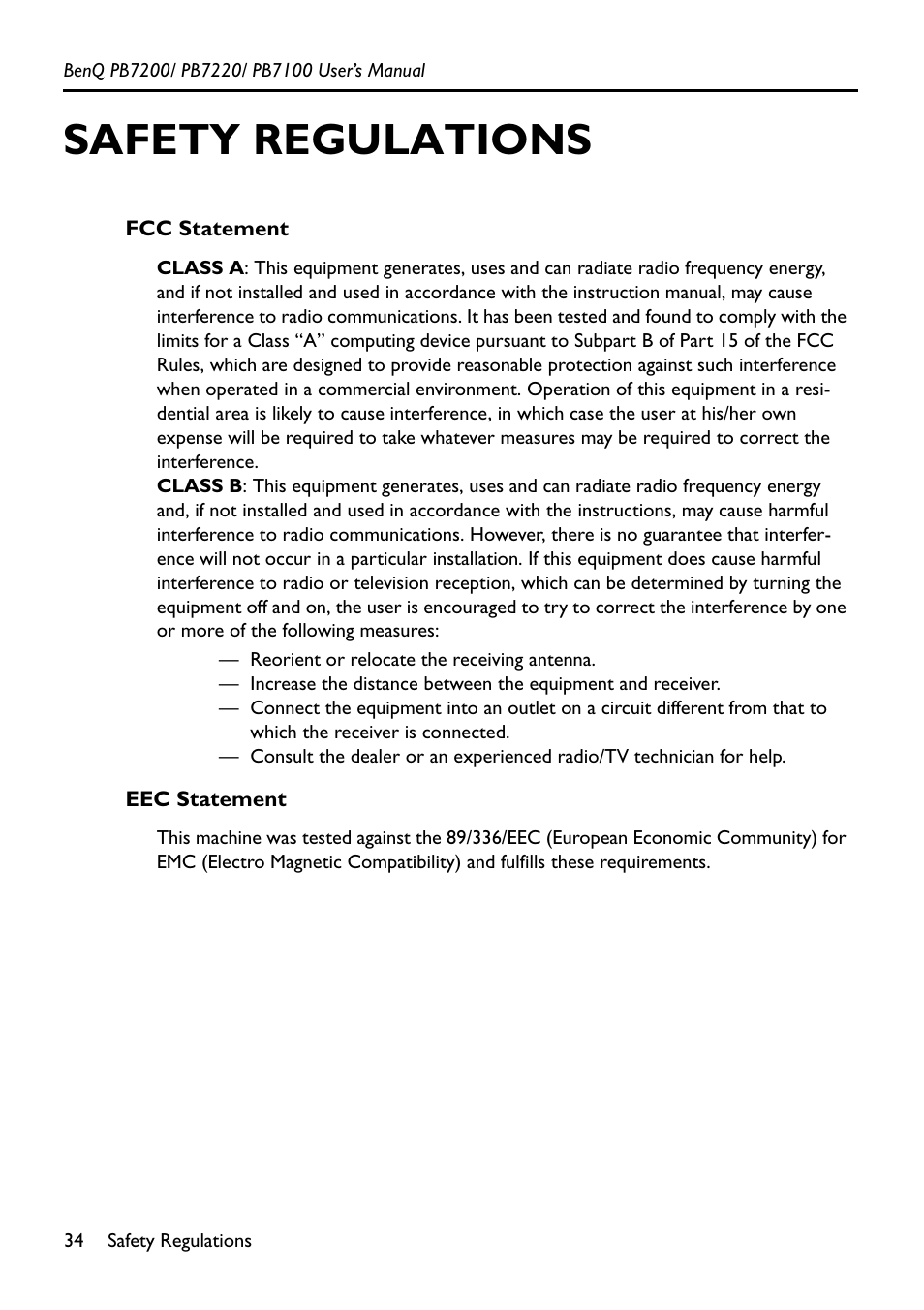 Safety regulations, Fcc statement, Eec statement | Fcc statement eec statement | BenQ PB7200 User Manual | Page 38 / 38