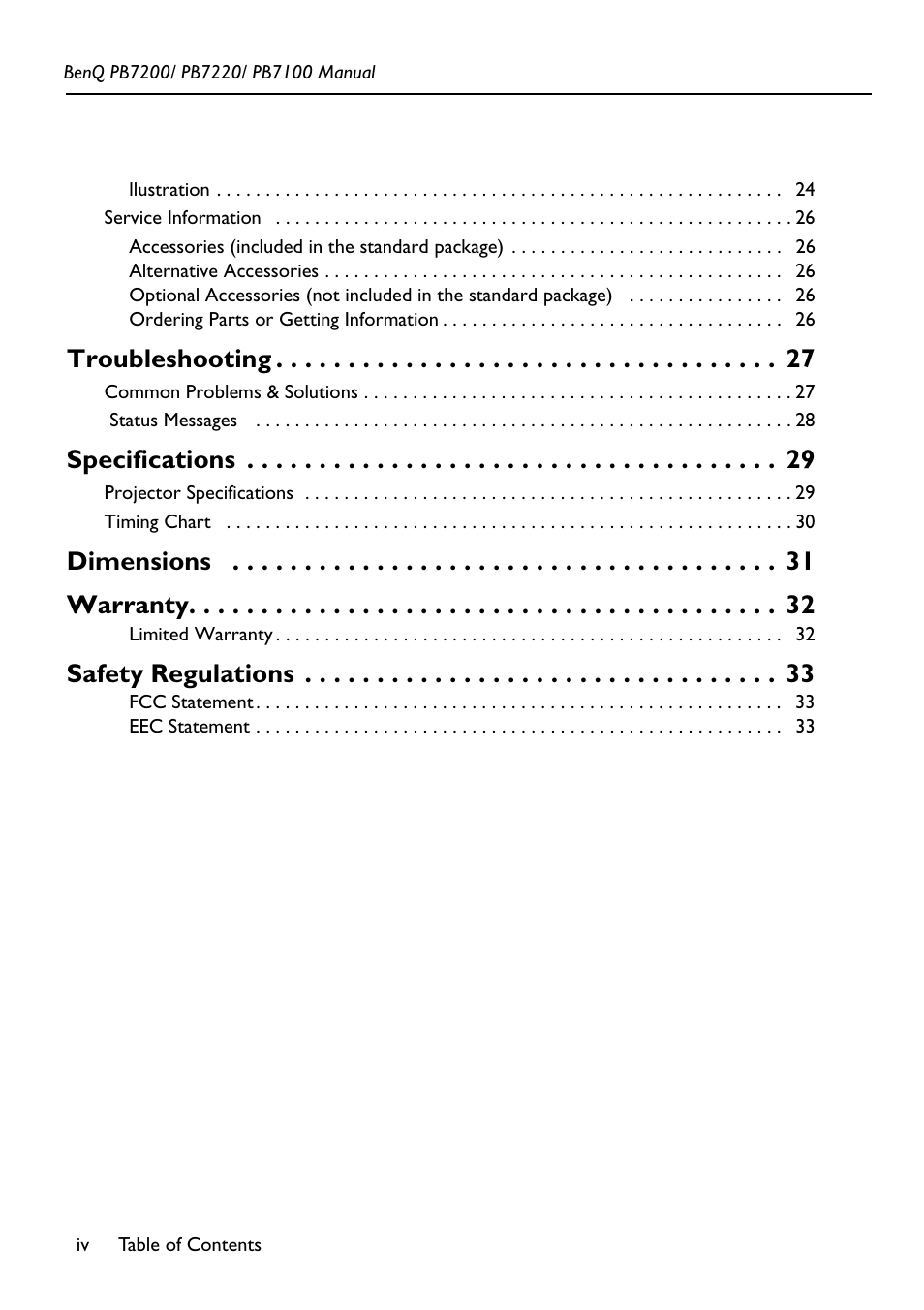Troubleshooting, Specifications, Dimensions warranty | Safety regulations | BenQ PB7200 User Manual | Page 4 / 38