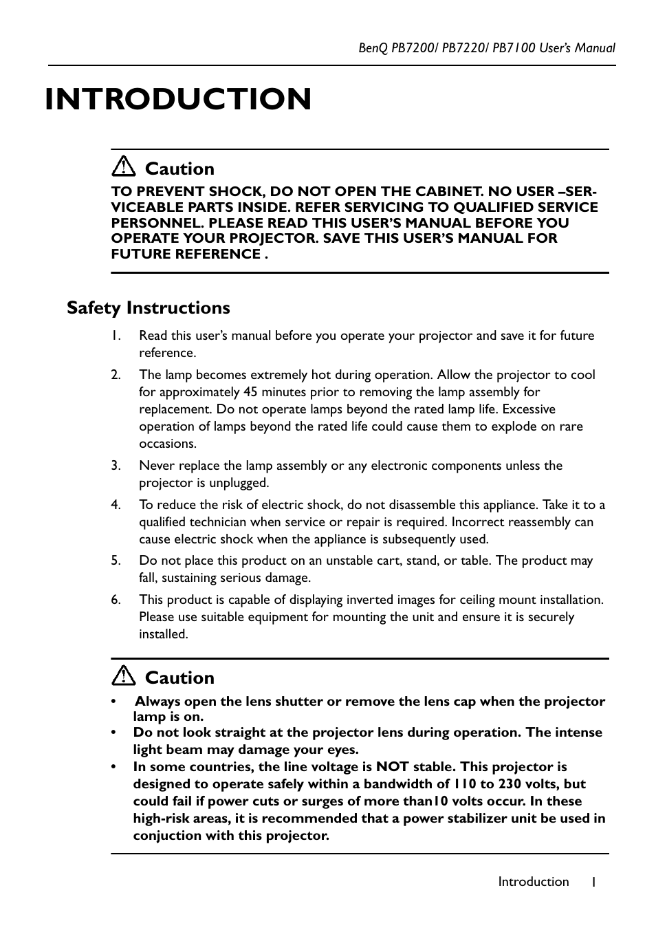 Introduction, Safety instructions, Caution | BenQ PB7200 User Manual | Page 5 / 38