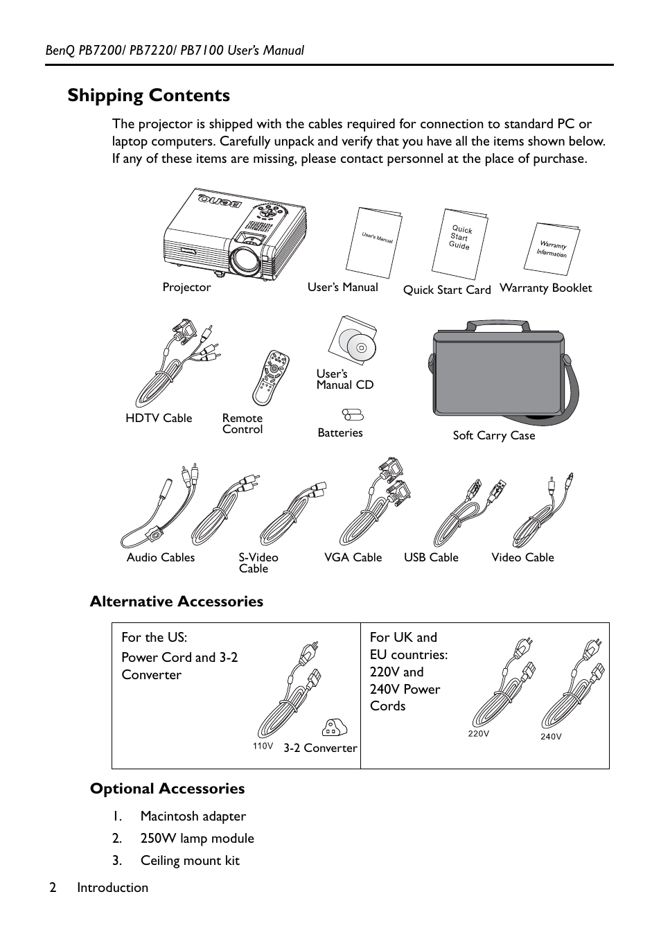 Shipping contents, Alternative accessories, Optional accessories | BenQ PB7200 User Manual | Page 6 / 38