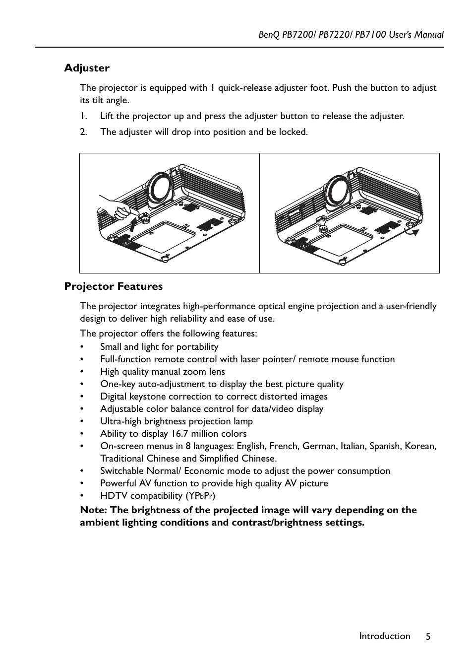 Adjuster, Projector features | BenQ PB7200 User Manual | Page 9 / 38