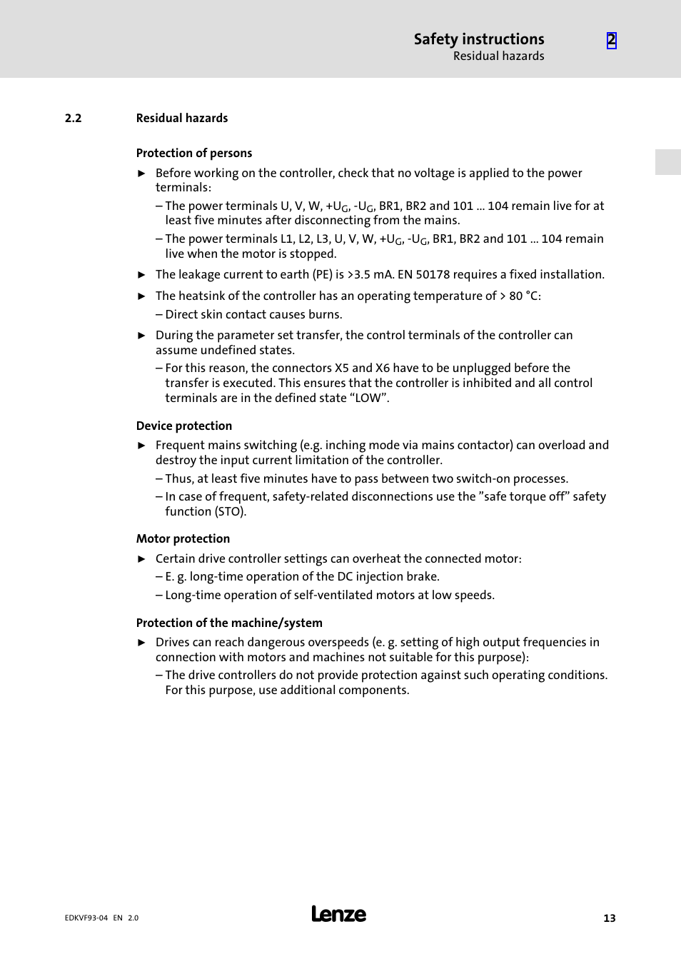 2 residual hazards, Residual hazards, Safety instructions | Lenze EVF9338−EV User Manual | Page 13 / 41