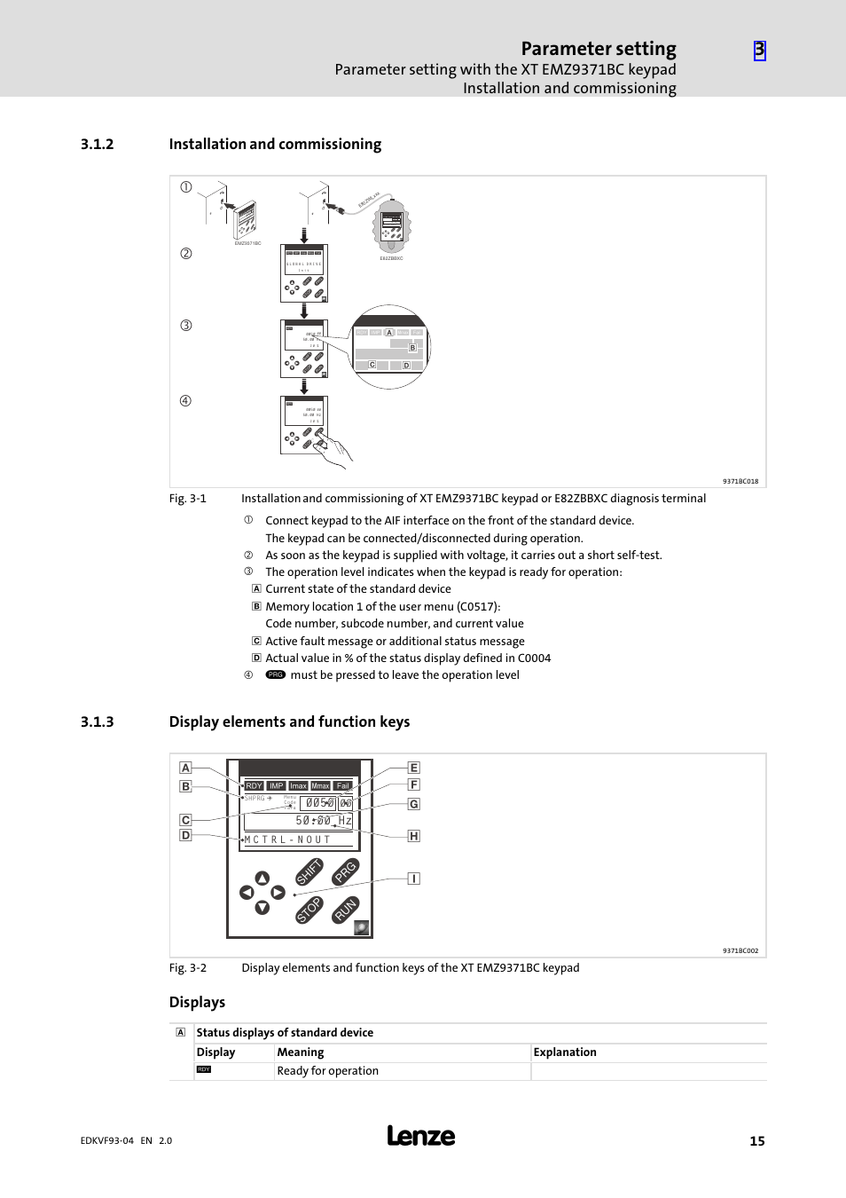 2 installation and commissioning, 3 display elements and function keys, Installation and commissioning | Display elements and function keys, Parameter setting, Displays, Da b b c, Pshprg para code menu, Para code menu | Lenze EVF9338−EV User Manual | Page 15 / 41