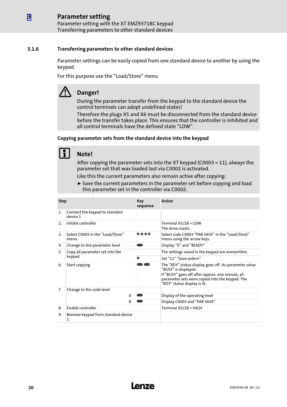 Transferring parameters to other standard devices, Parameter setting, Danger | Lenze EVF9338−EV User Manual | Page 20 / 41