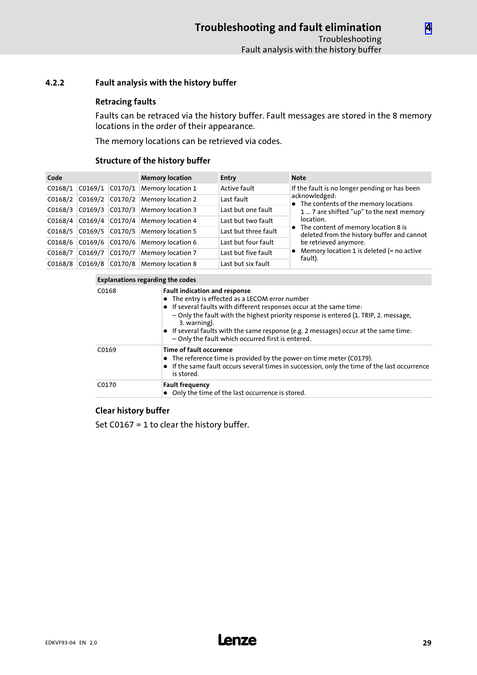 2 fault analysis with the history buffer, Fault analysis with the history buffer, Troubleshooting and fault elimination | Lenze EVF9338−EV User Manual | Page 29 / 41