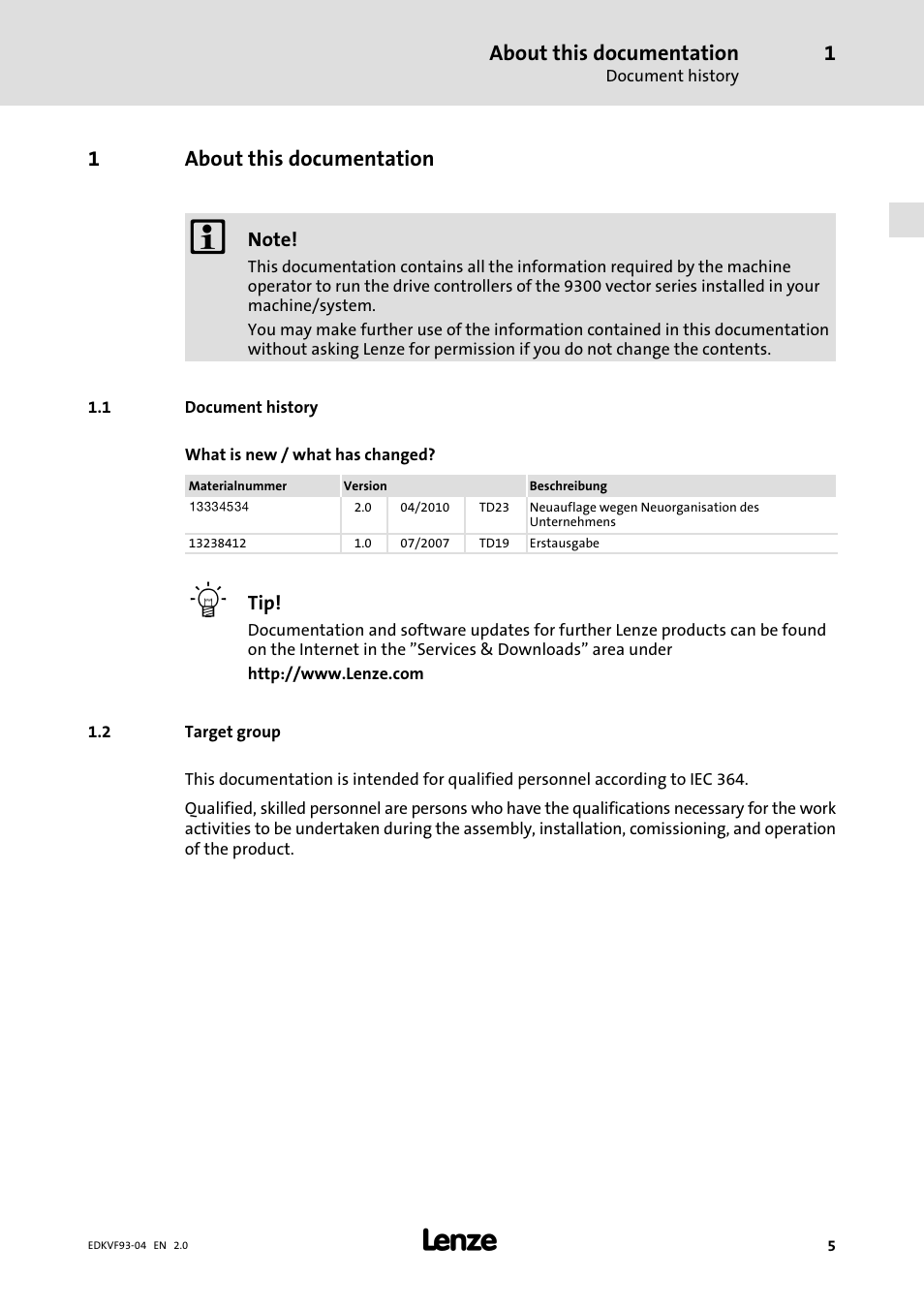 1 about this documentation, 1 document history, 2 target group | About this documentation, Document history, Target group, 1about this documentation | Lenze EVF9338−EV User Manual | Page 5 / 41