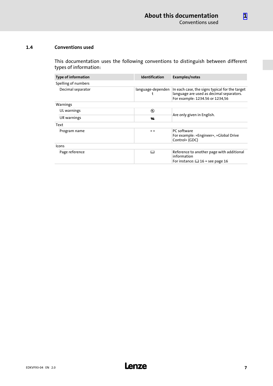 4 conventions used, Conventions used, About this documentation | Lenze EVF9338−EV User Manual | Page 7 / 41