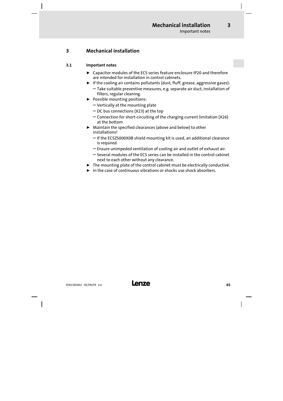 3 mechanical installation, 1 important notes, Mechanical installation | Important notes | Lenze ECSEKxxx User Manual | Page 45 / 88