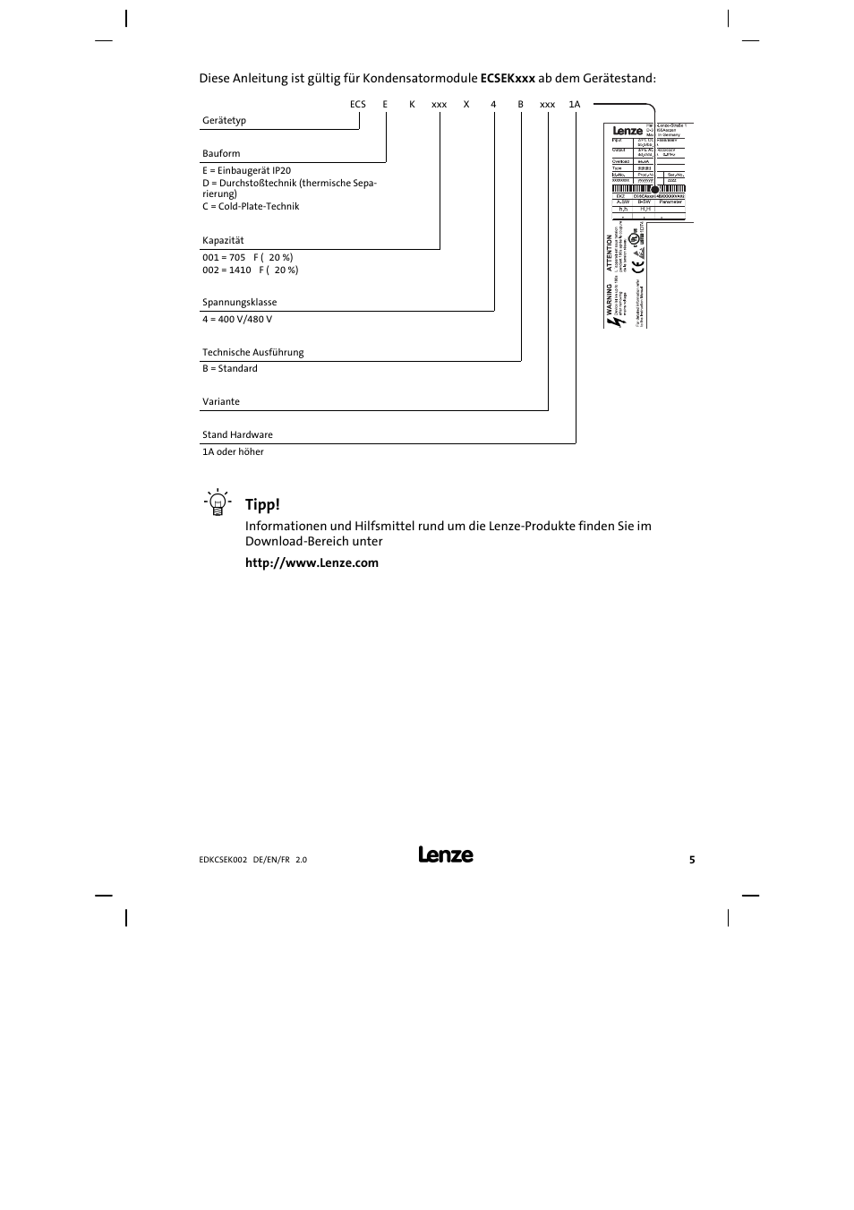Diese anleitung ist gültig für, Tipp | Lenze ECSEKxxx User Manual | Page 5 / 88
