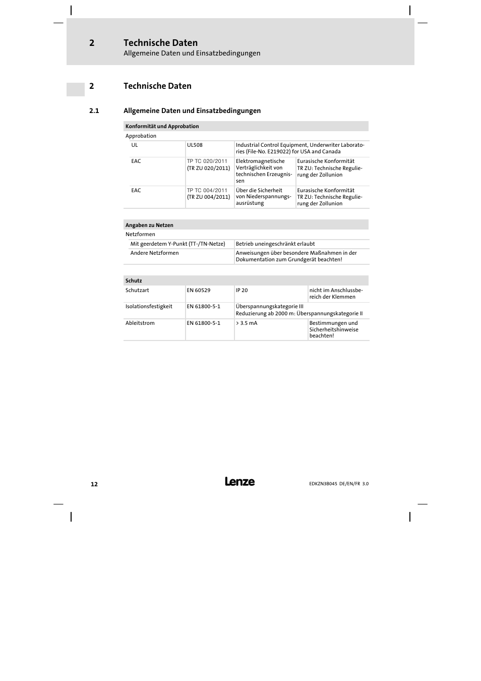 Technische daten, Allgemeine daten und einsatzbedingungen, 2technische daten | Lenze EZN3A0055H045U User Manual | Page 12 / 70