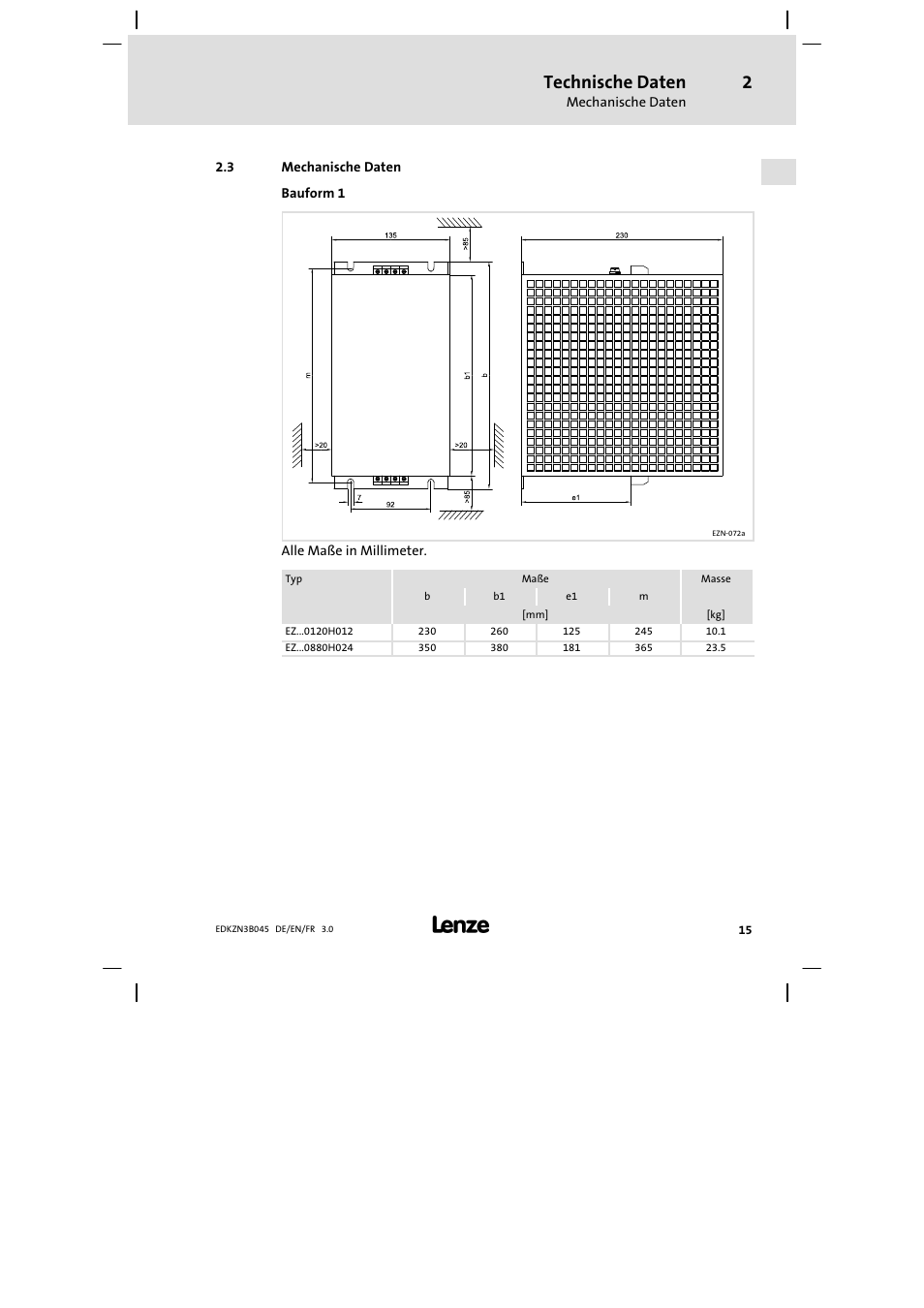 Mechanische daten, Technische daten | Lenze EZN3A0055H045U User Manual | Page 15 / 70