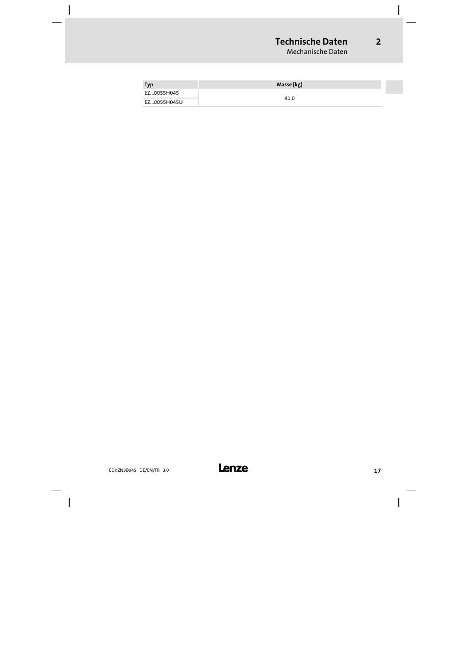 Technische daten | Lenze EZN3A0055H045U User Manual | Page 17 / 70