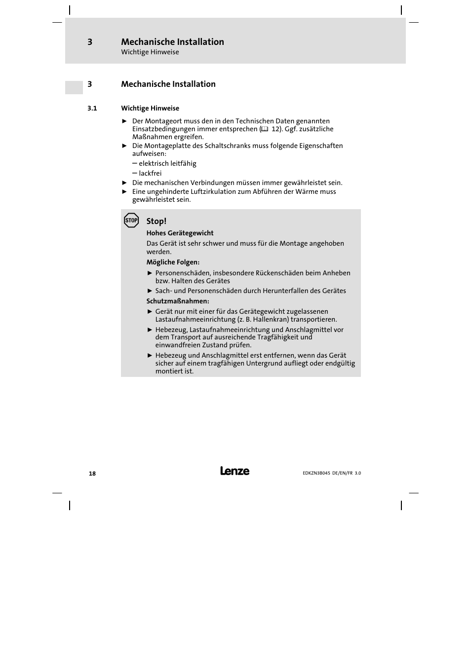 Mechanische installation, Wichtige hinweise | Lenze EZN3A0055H045U User Manual | Page 18 / 70