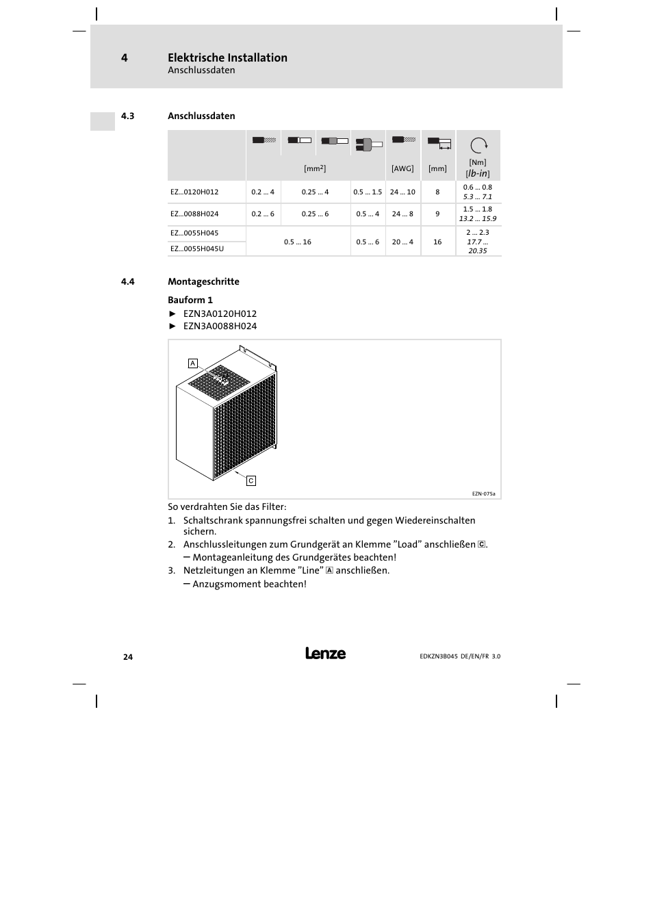 Anschlussdaten, Montageschritte, Elektrische installation | Lenze EZN3A0055H045U User Manual | Page 24 / 70