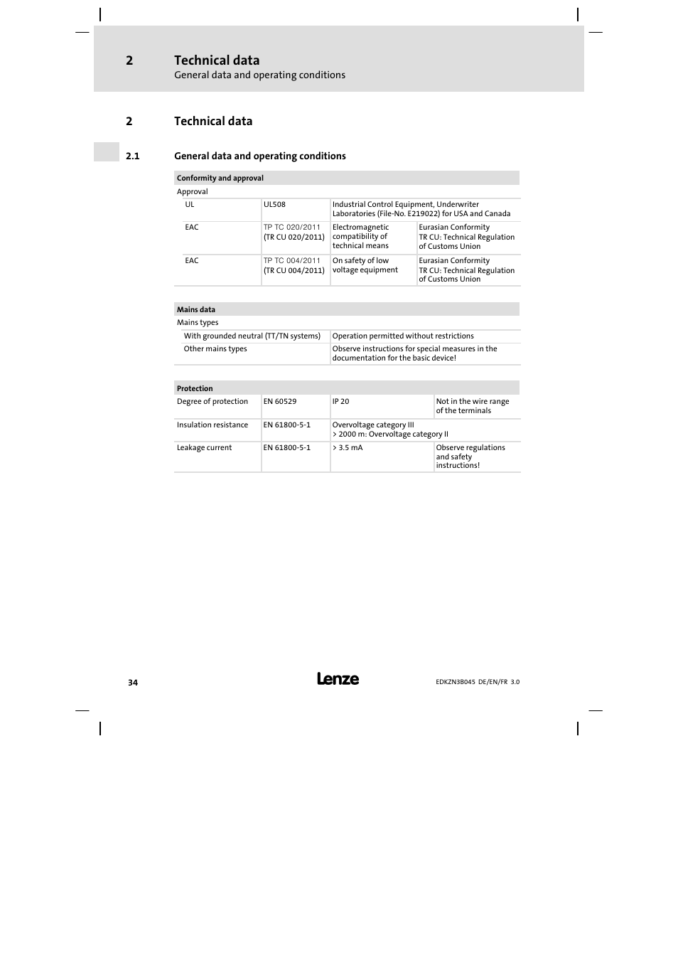 Technical data, General data and operating conditions, 2technical data | Lenze EZN3A0055H045U User Manual | Page 34 / 70