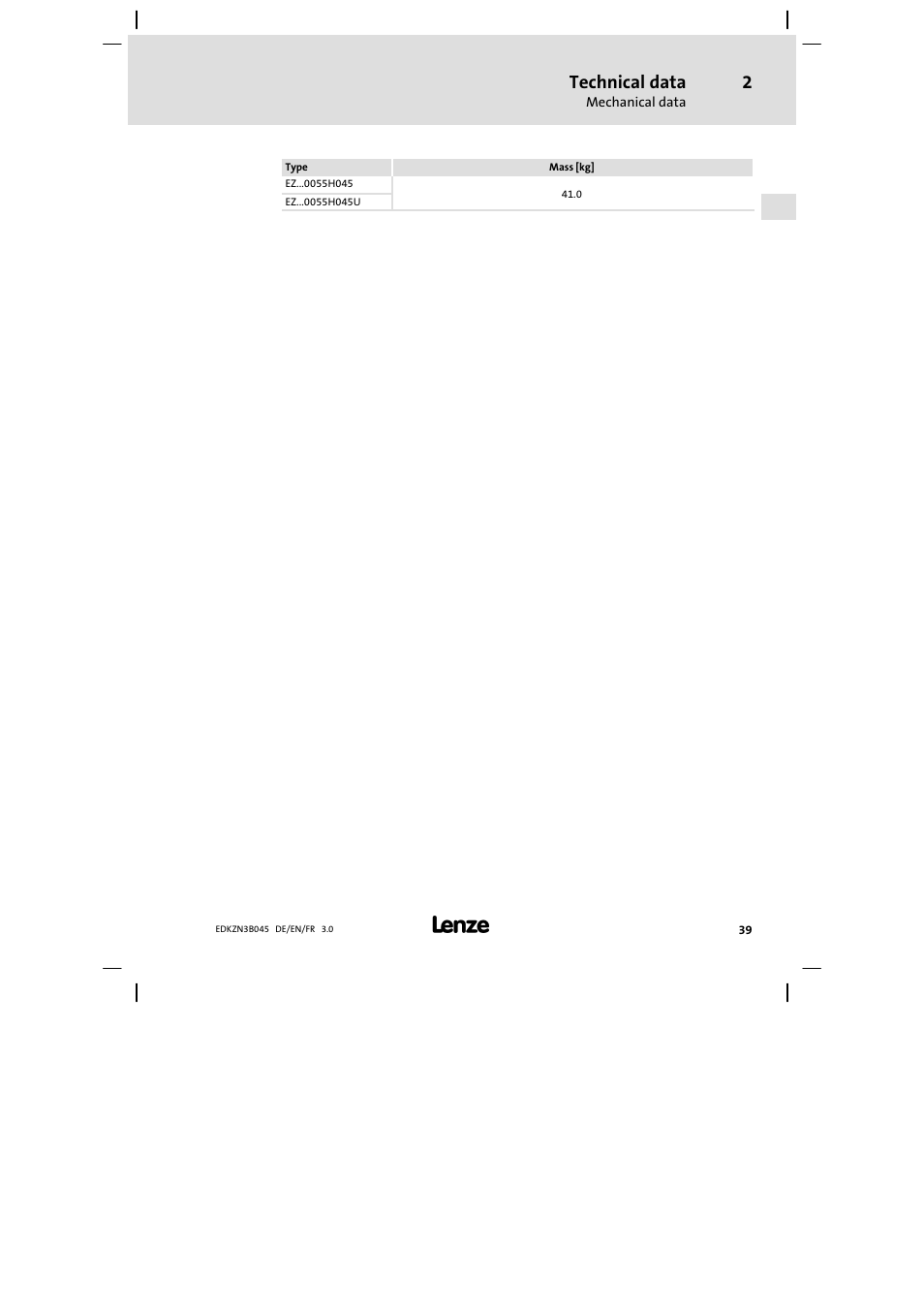 Technical data | Lenze EZN3A0055H045U User Manual | Page 39 / 70