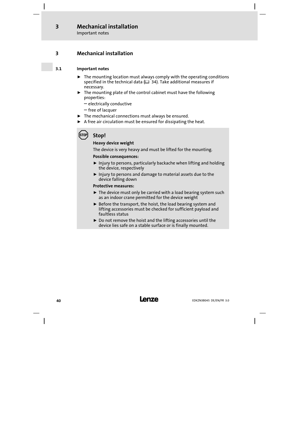 Mechanical installation, Important notes | Lenze EZN3A0055H045U User Manual | Page 40 / 70