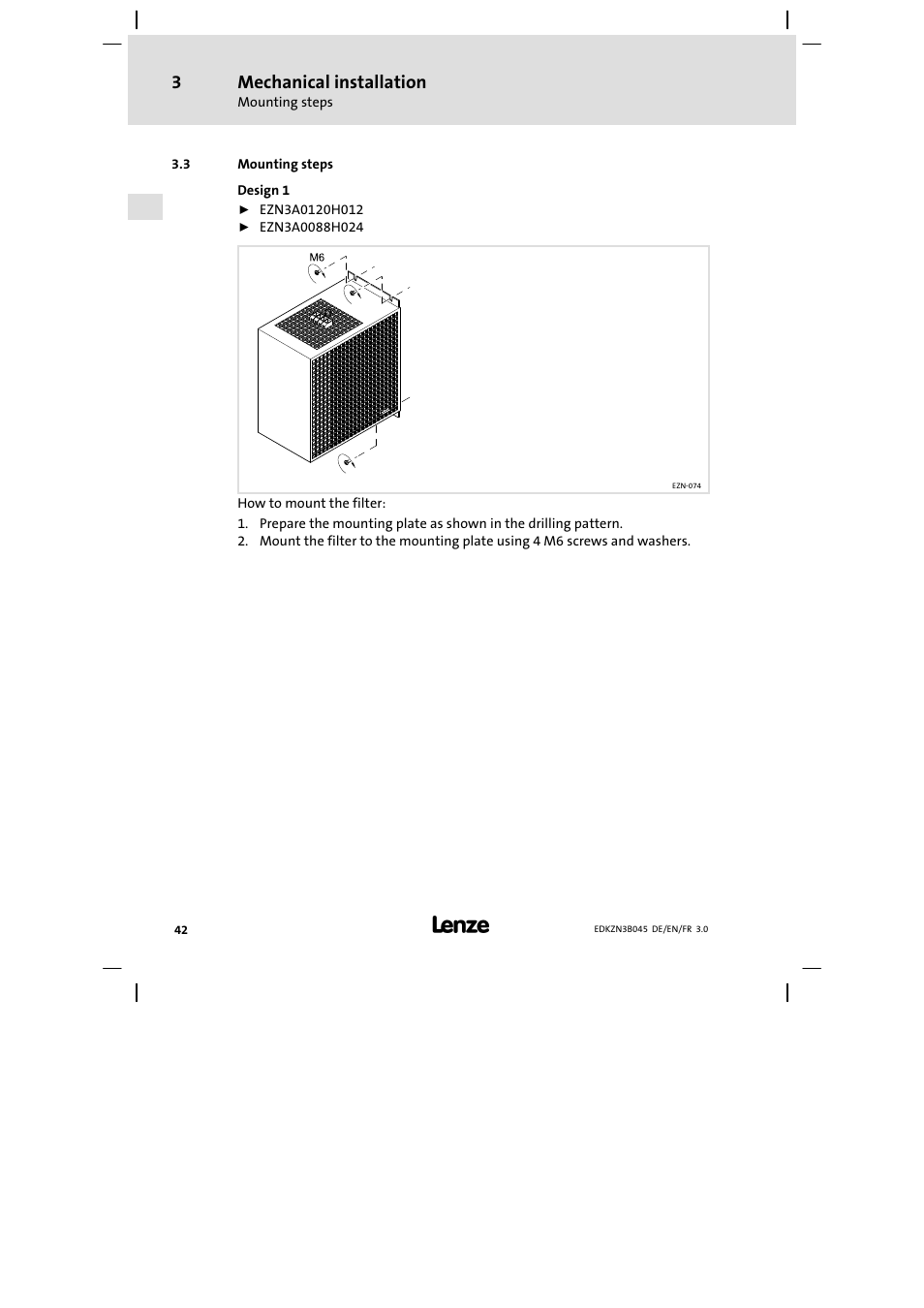 Mounting steps, Mechanical installation | Lenze EZN3A0055H045U User Manual | Page 42 / 70