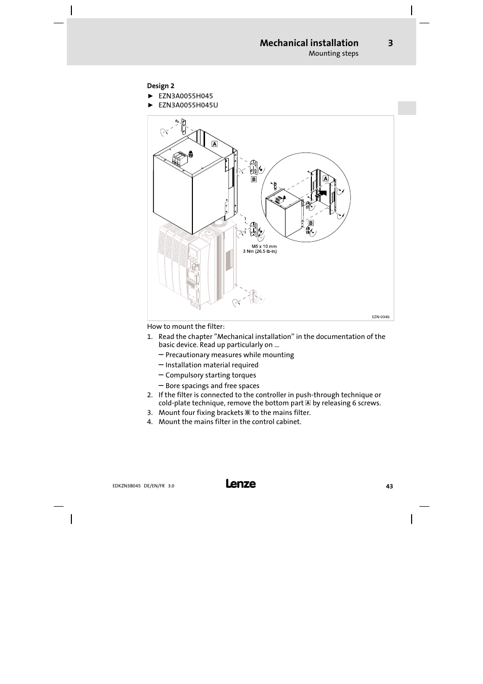 Mechanical installation | Lenze EZN3A0055H045U User Manual | Page 43 / 70