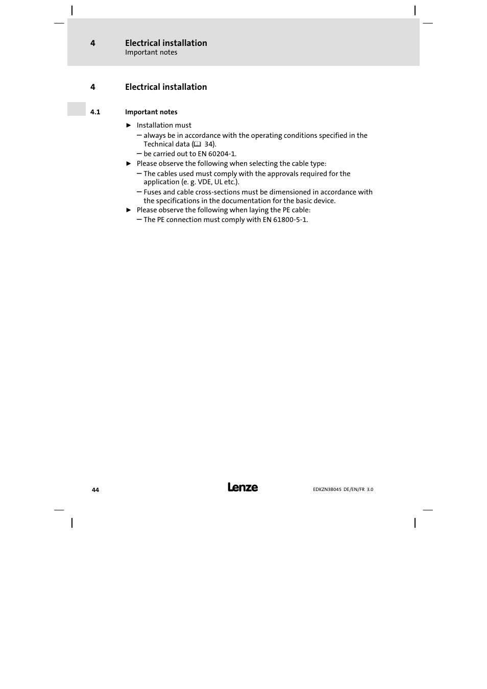 Electrical installation, Important notes | Lenze EZN3A0055H045U User Manual | Page 44 / 70