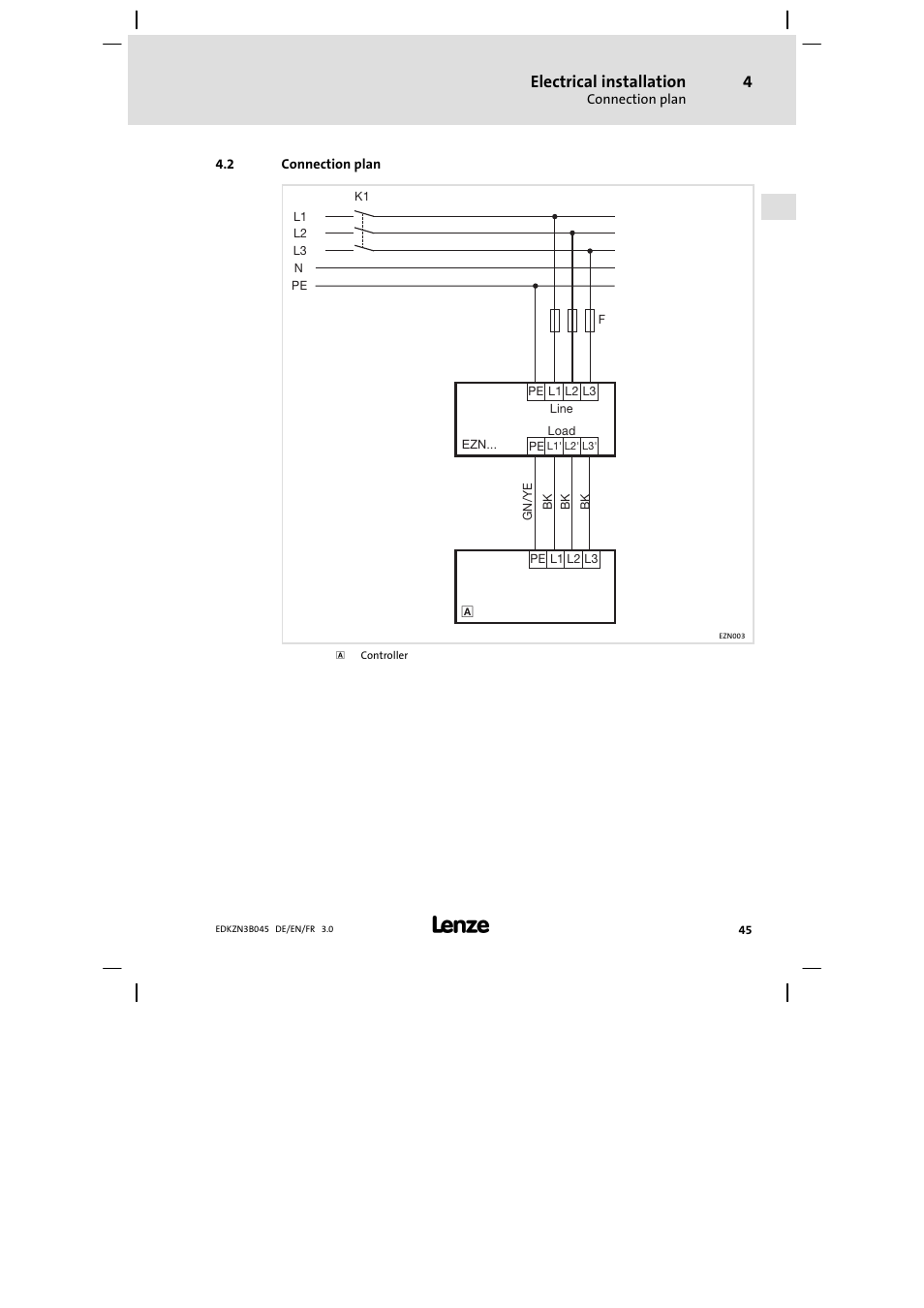 Connection plan, Electrical installation | Lenze EZN3A0055H045U User Manual | Page 45 / 70