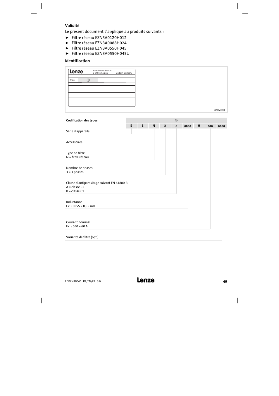Validité | Lenze EZN3A0055H045U User Manual | Page 49 / 70