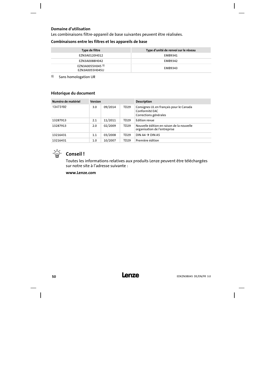 Domaine d’utilisation, Historique du document, Conseil | Lenze EZN3A0055H045U User Manual | Page 50 / 70