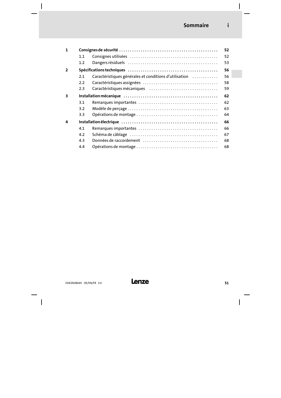 Sommaire, Sommaire i | Lenze EZN3A0055H045U User Manual | Page 51 / 70