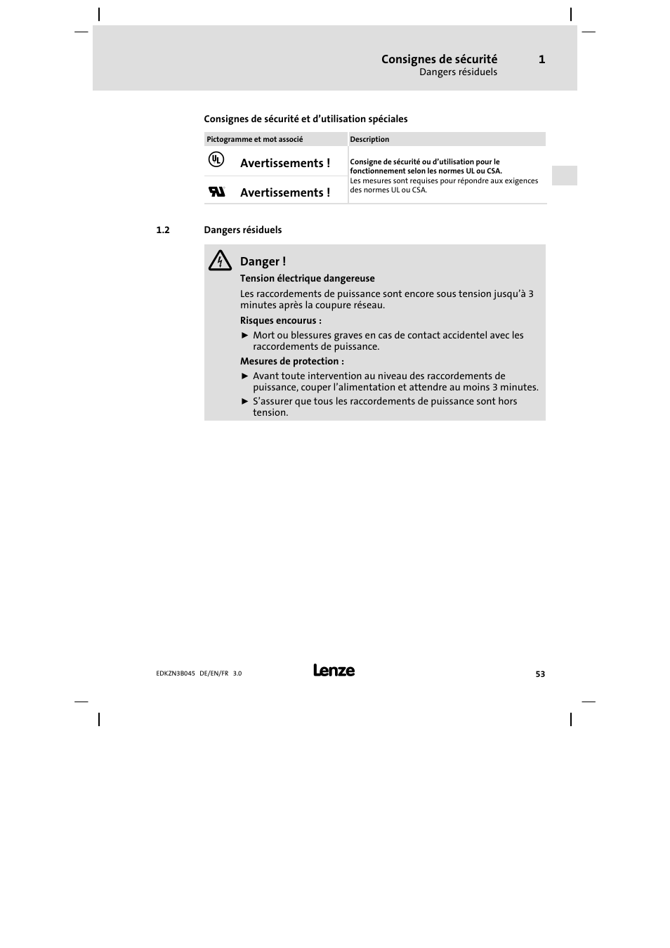 Dangers résiduels | Lenze EZN3A0055H045U User Manual | Page 53 / 70