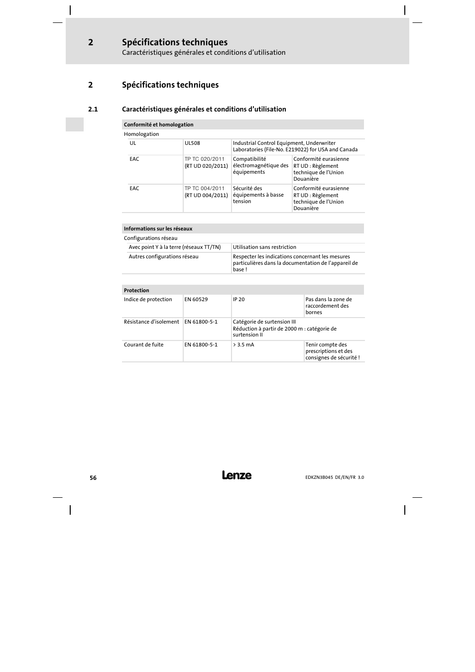 Spécifications techniques, 2spécifications techniques | Lenze EZN3A0055H045U User Manual | Page 56 / 70