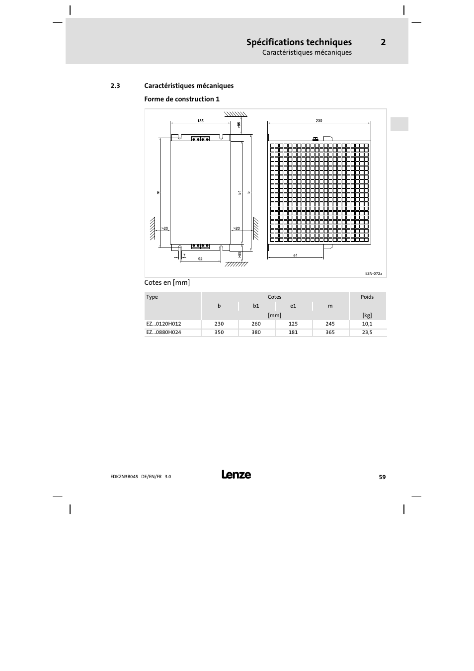 Caractéristiques mécaniques, Spécifications techniques | Lenze EZN3A0055H045U User Manual | Page 59 / 70