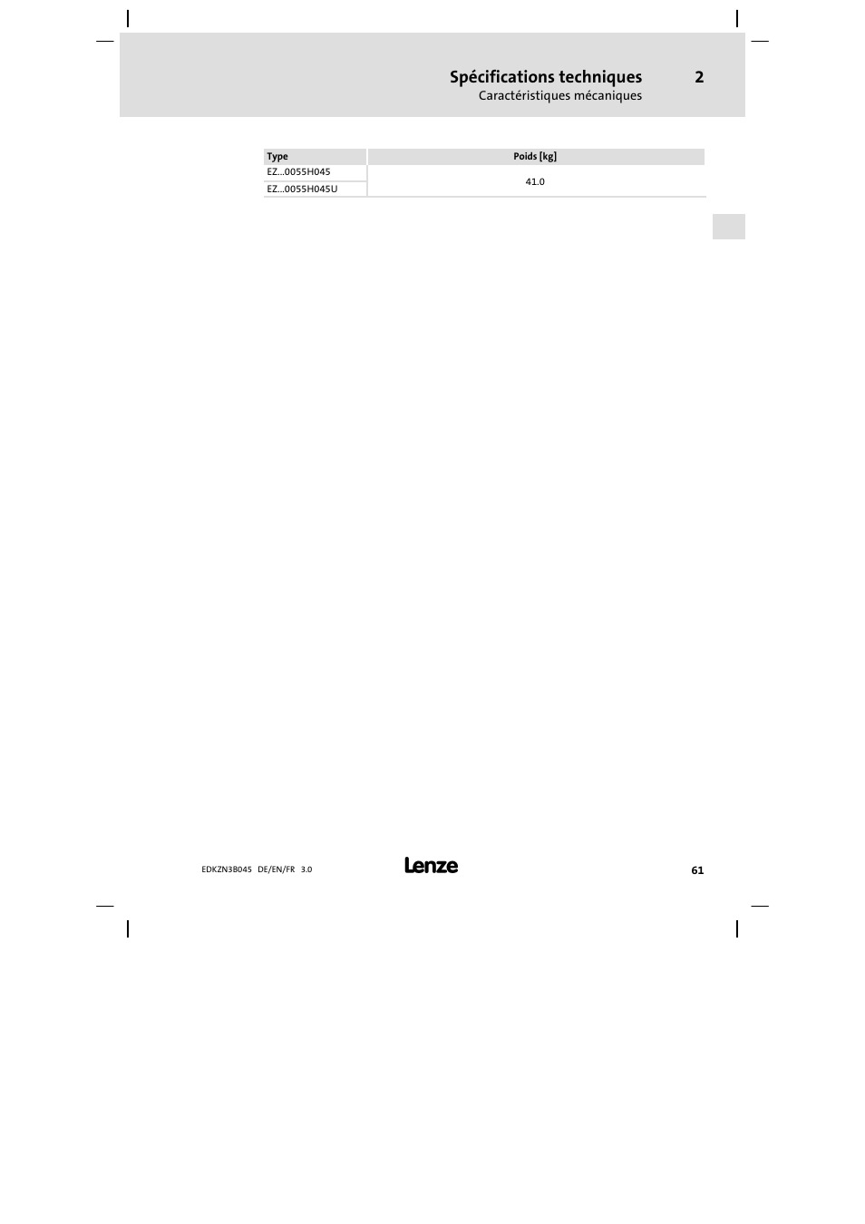 Spécifications techniques | Lenze EZN3A0055H045U User Manual | Page 61 / 70